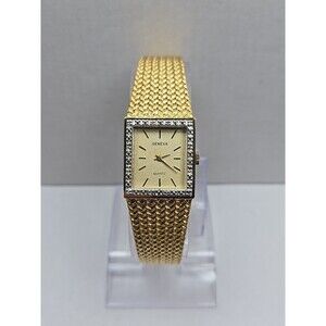 Vintage Geneva Gold Tone Tank Quartz Watch Diamond Bezel Italy Mesh New Battery